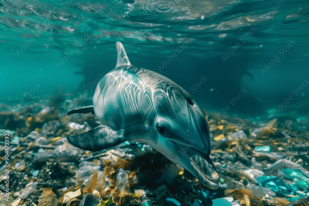 Obraz premium dolphin swim around trash ocean