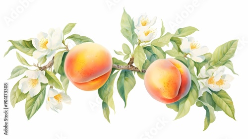 Elegant watercolor peach illustration with blossoms on a branch.