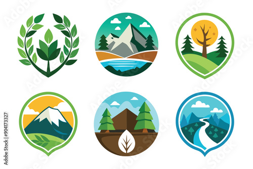 Collection of Nature-Themed Logos with Mountains, Trees, and Rivers