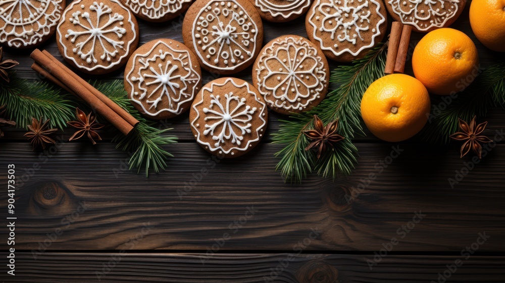 Fresh ginger cookies, spruce branches and citrus fruits on a dark background. Festive mood. Happy New Year concept Fresh ginger cookies, spruce branches and citrus fruits on a dark background. Festive mood. Happy New Year concept