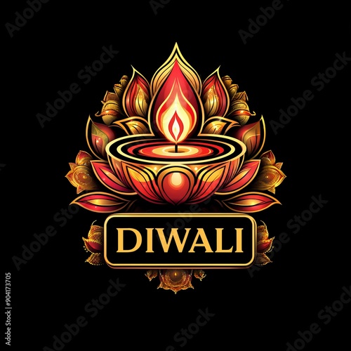 Diwali gold and red stylized oil lamp logo on black background. Hinduism religion holiday and graphic design concept. For Diwali celebration. Flat illustration for logo, emblem, sticker, sign, icon