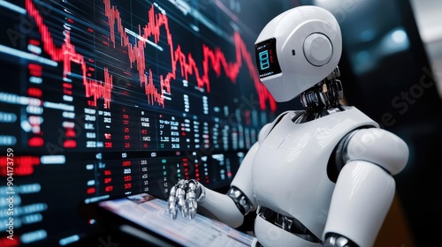 Robot analyzing plummeting stock market data, digital financial, AI in finance and market volatility photo