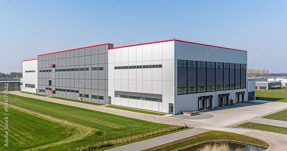 Obraz premium Exterior of a gray industrial warehouse dock station with white walls and red edges, surrounded by green grass. Commercial storehouse building, business unit, cargo factory, distribution, logistics.
