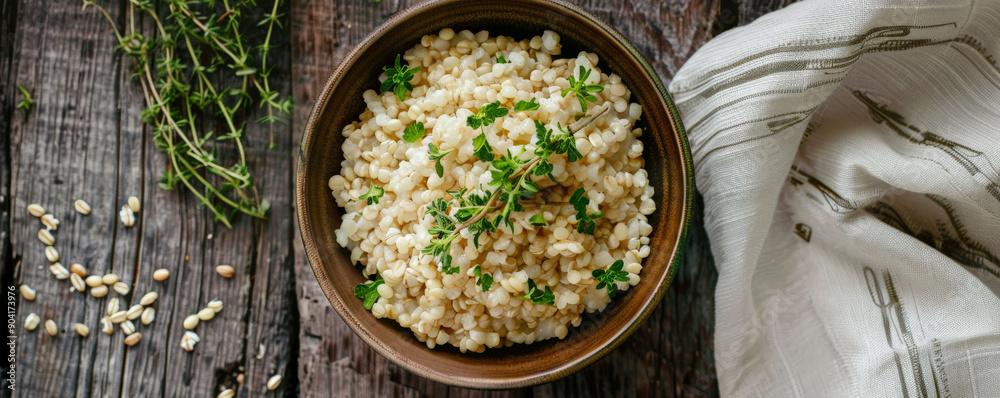 A top-down view of a bowl of cooked barley groats, garnished with fresh herbs, set on a rustic tablecloth. A top-down view of a bowl of cooked barley groats, garnished with fresh herbs, set on a rustic tablecloth.