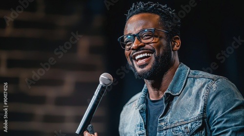 a male stand up comedian on stage with a microphone