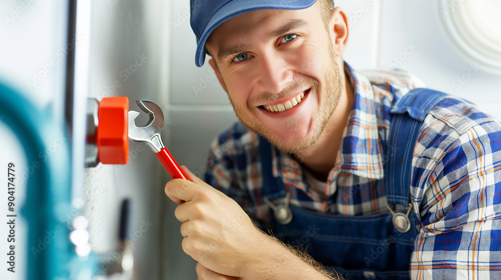 A smiling professional plumber man in blue overalls and cap fixing a water sink pipe in a kitchen or bathroom. Fix leaking sink, checking gauges, industrial plumbing, handyman concepts. A smiling professional plumber man in blue overalls and cap fixing a water sink pipe in a kitchen or bathroom. Fix leaking sink, checking gauges, industrial plumbing, handyman concepts.