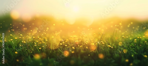 Sunset Meadow: Blurred Green Background, Yellow Flowers, Copy Space © Adi