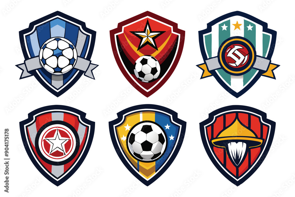 Six Colorful Soccer Team Shields with Stars, Stripes, and Footballs