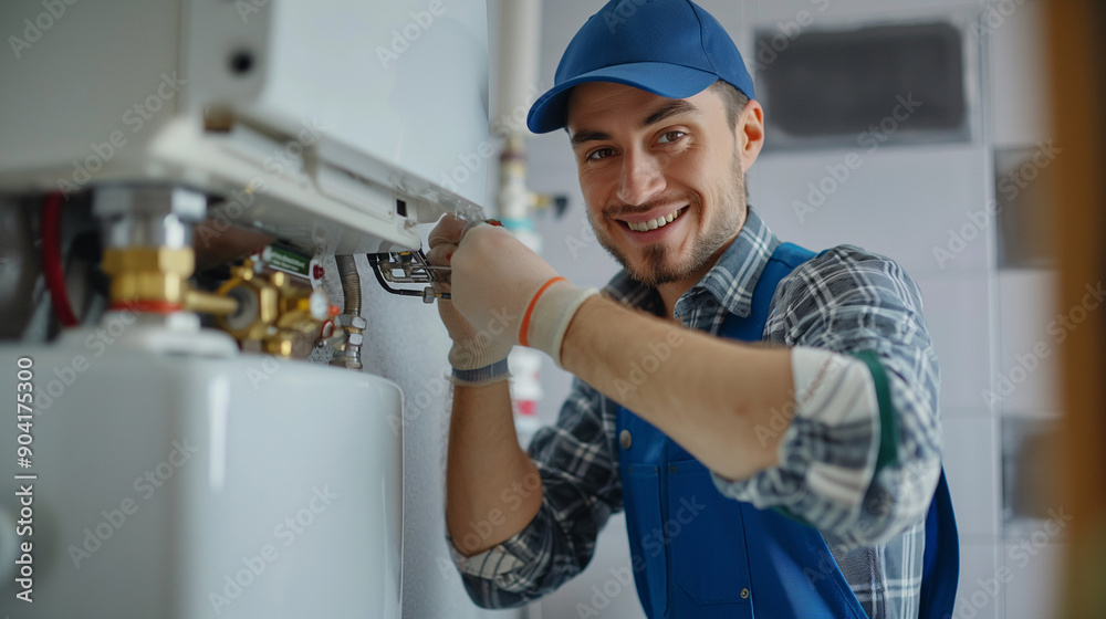A heating engineer is repairing a boiler in a house. Boiler repair services or installation, HVAC, central heating system, gas heating house concepts. A heating engineer is repairing a boiler in a house. Boiler repair services or installation, HVAC, central heating system, gas heating house concepts.