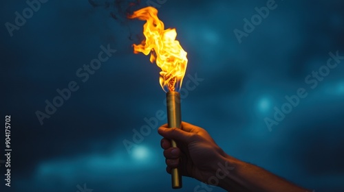 Close-up of athlete's hand holding a golden torch, dark sky background illuminates. Ai generated image