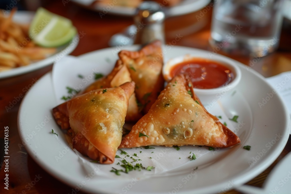 Fried samosas with sauce on a white plate Fried samosas with sauce on a white plate