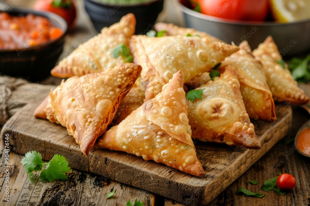 Fried samosas with veggie filling popular Indian appetizers on wood board Fried samosas with veggie filling popular Indian appetizers on wood board