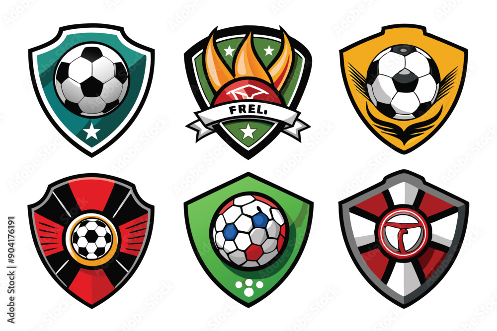 Naklejka premium Six Colorful Soccer Team Shield Logos with Footballs