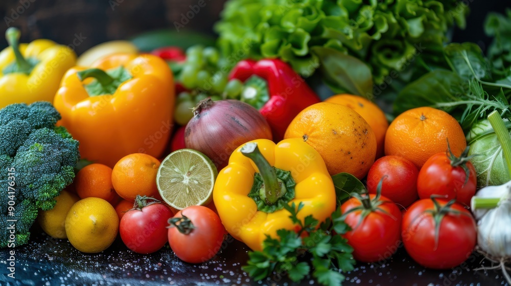 Assortment of fruits and vegetables on a table, promoting healthy eating and lifestyle, diet, agriculture. Assortment of fruits and vegetables on a table, promoting healthy eating and lifestyle, diet, agriculture.