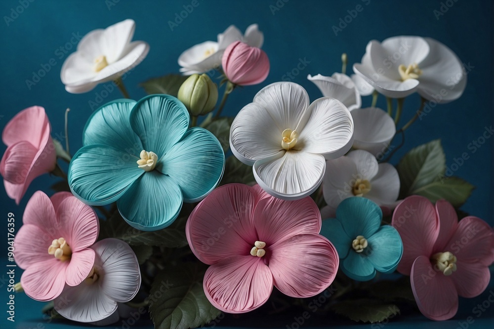Bouquet of Pink and White Flowers on Blue Background