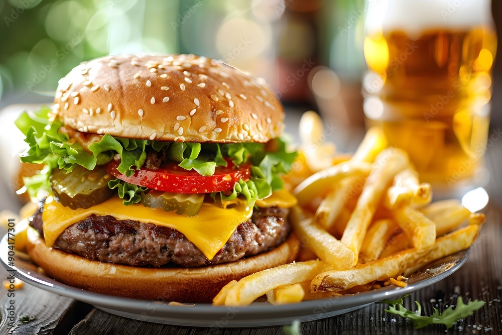 Delicious cheeseburger with fries, perfect for fast food advertisements and restaurant menus. Delicious cheeseburger with fries, perfect for fast food advertisements and restaurant menus.