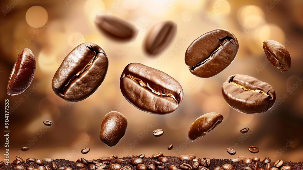 Coffee beans close up falling and pouring into the air with a blurred background Coffee beans close up falling and pouring into the air with a blurred background