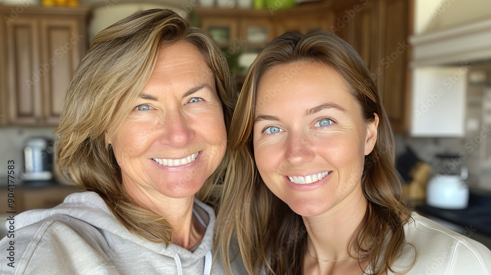 Two Smiling Women Posing Together Inside a Cozy Kitchen During Daylight Hours Two Smiling Women Posing Together Inside a Cozy Kitchen During Daylight Hours