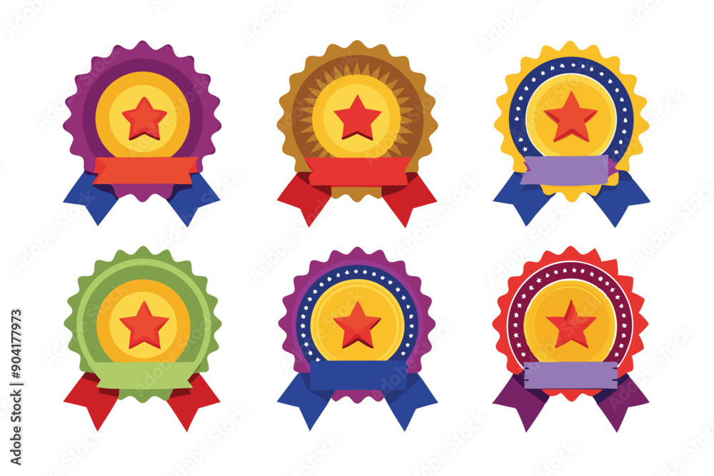 Six Colorful Award Badges with Red Stars and Ribbons Six Colorful Award Badges with Red Stars and Ribbons
