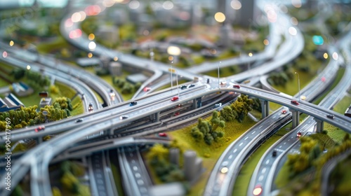 Generate a photo realistic image of a maquette showcasing a transportation network with highways, railways, and transit stations; ensure the image is of high resolution for clear and detailed quality photo