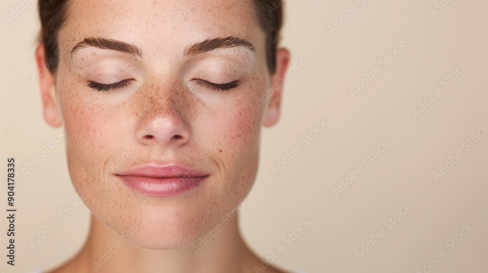 Woman with Freckles and Closed Eyes. Studio Portrait on Beige Background. Natural Beauty and Skincare Concept for Design and Print. Studio beauty shot emphasizing natural skincare and relaxation. Woman with Freckles and Closed Eyes. Studio Portrait on Beige Background. Natural Beauty and Skincare Concept for Design and Print. Studio beauty shot emphasizing natural skincare and relaxation.