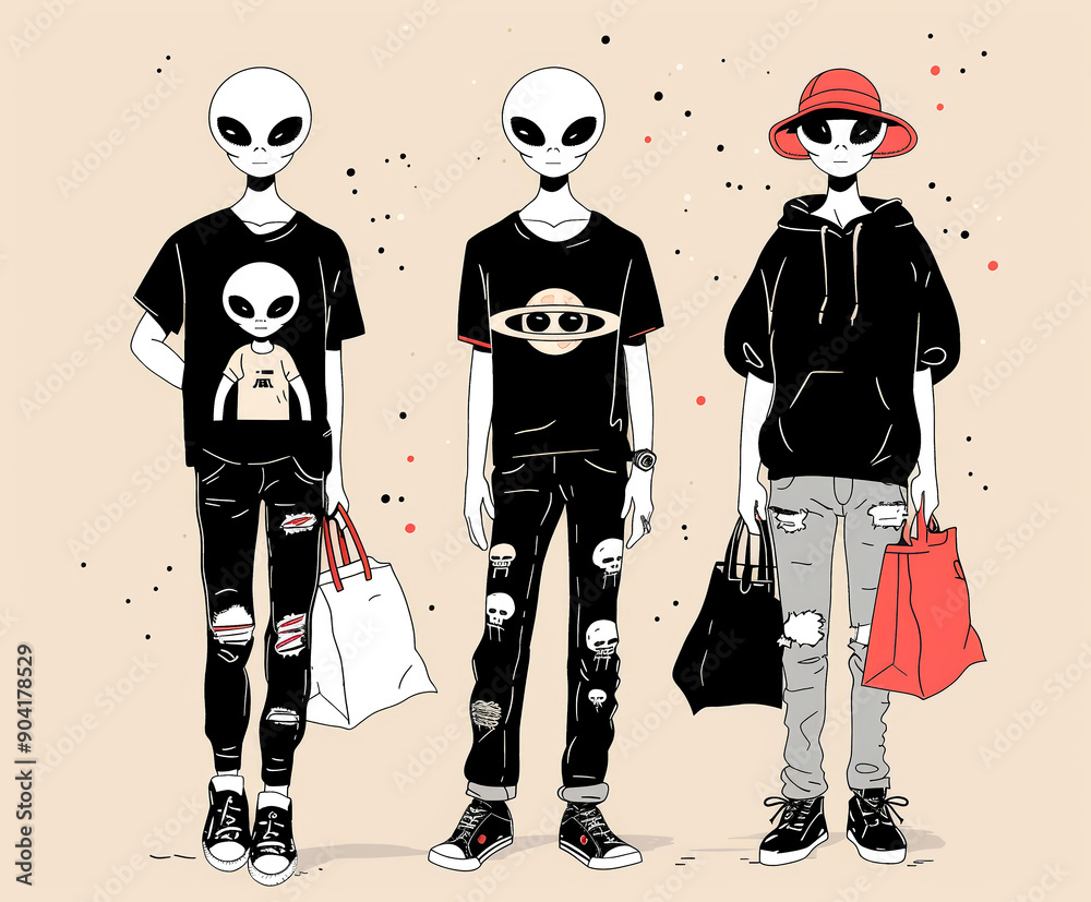 Three aliens in trendy outfits carry shopping bags Three aliens in trendy outfits carry shopping bags