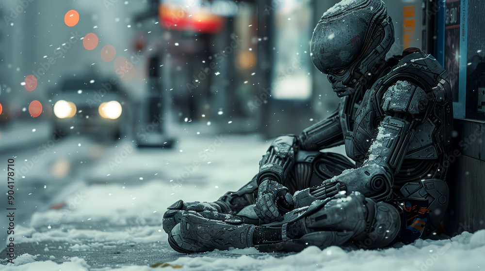 A lonely robot on a winter city street, lost in thought amidst the snowy silence A lonely robot on a winter city street, lost in thought amidst the snowy silence