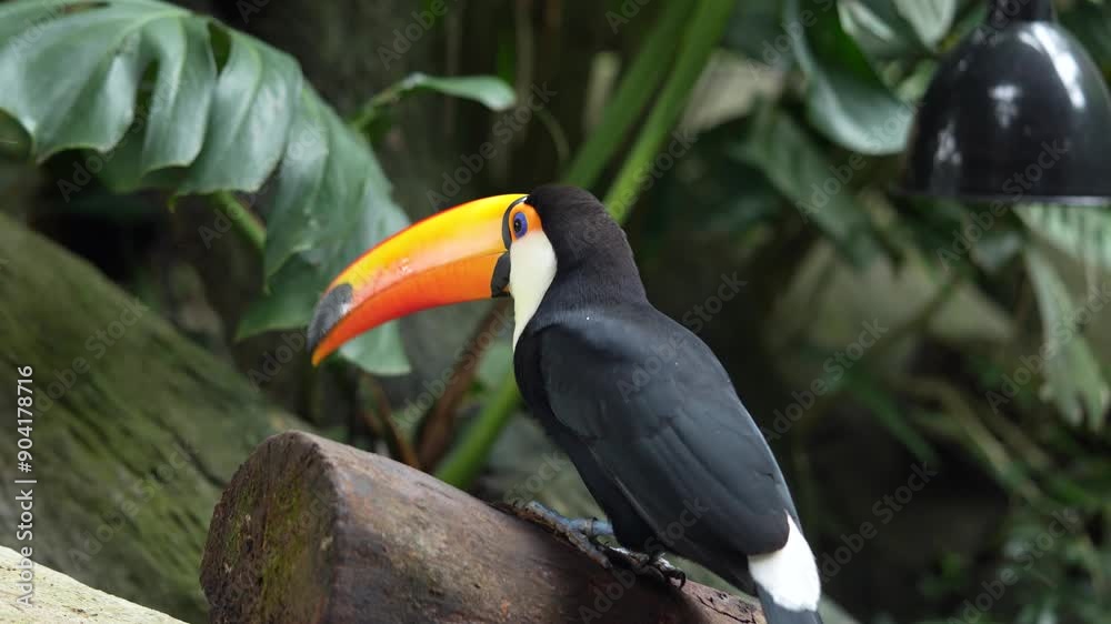 Tucano brasileiro em cima de um tronco em uma floresta se alimentando