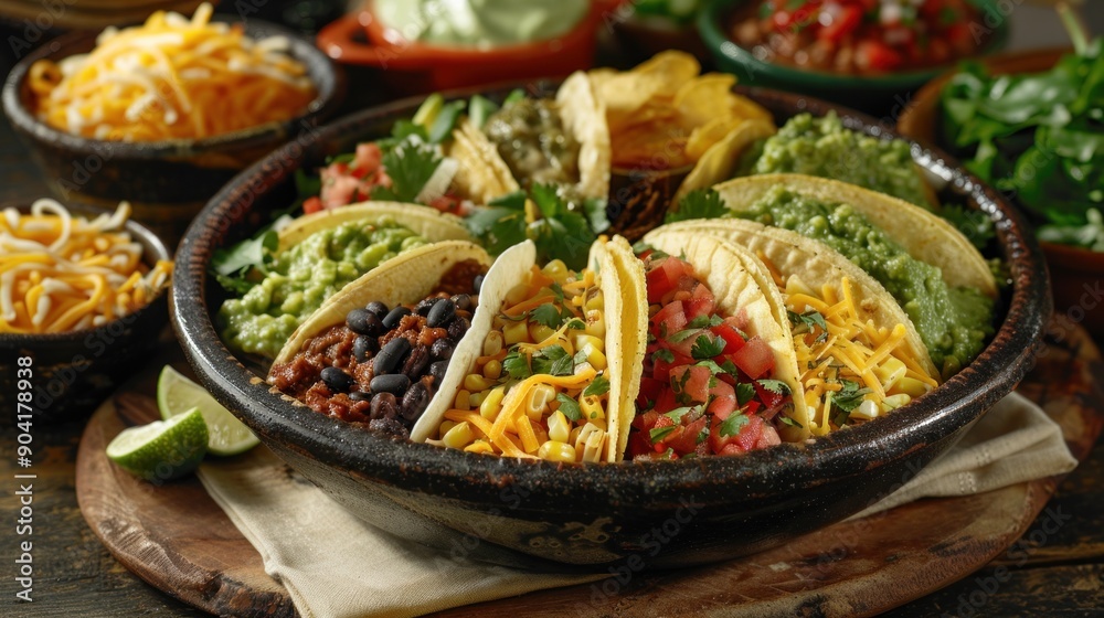 A colorful spread of tacos garnished with fresh toppings highlights a lively celebration