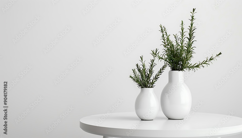 White round table, white vase, rosemary in flowerpot, minimalistic design, plain white wall, HD photo. White round table, white vase, rosemary in flowerpot, minimalistic design, plain white wall, HD photo.