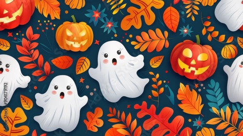 Abstract cute Halloween background featuring playful ghosts and colorful patterns, vector illustration, high-resolution, fun and festive concept 