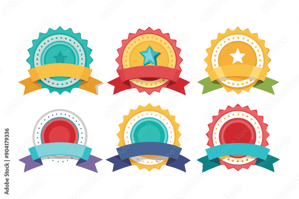 Six Colorful Award Badges with Ribbons and Stars Six Colorful Award Badges with Ribbons and Stars