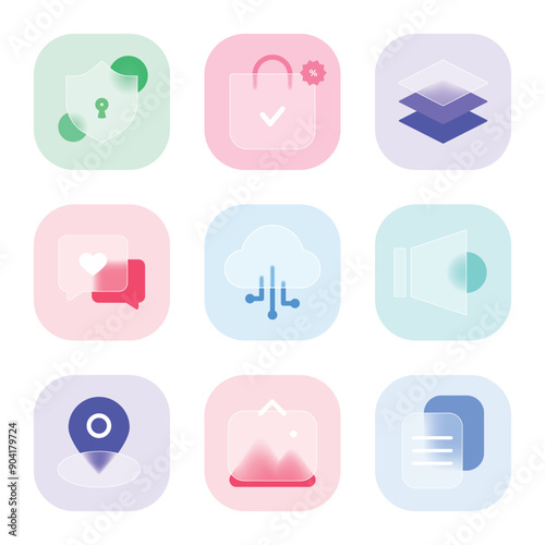 A collection of glass-morphism-style icons
