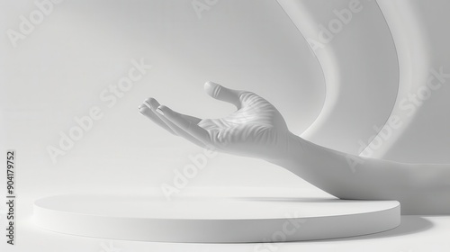 A white hand reaching out towards a white circular platform against a white background.