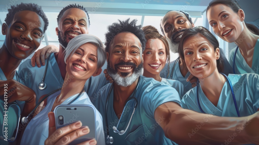 Group of cheerful healthcare professionals taking selfie. Teamwork and job satisfaction. Group of cheerful healthcare professionals taking selfie. Teamwork and job satisfaction.