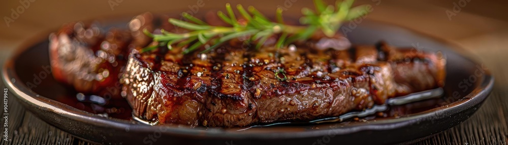 A succulent grilled steak garnished with fresh rosemary on a dark plate, highlighting its rich texture and savory appeal. A succulent grilled steak garnished with fresh rosemary on a dark plate, highlighting its rich texture and savory appeal.