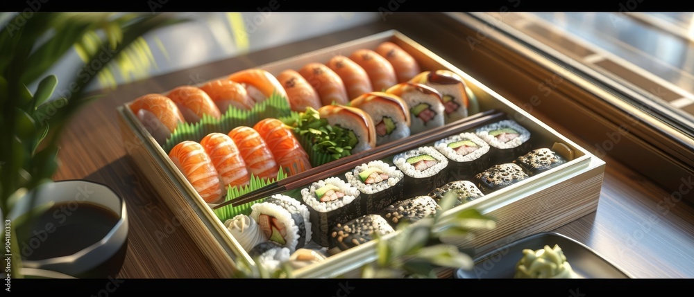 3D model of a lunchbox with a variety of sushi rolls, chopsticks, and a dipping sauce container 3D model of a lunchbox with a variety of sushi rolls, chopsticks, and a dipping sauce container
