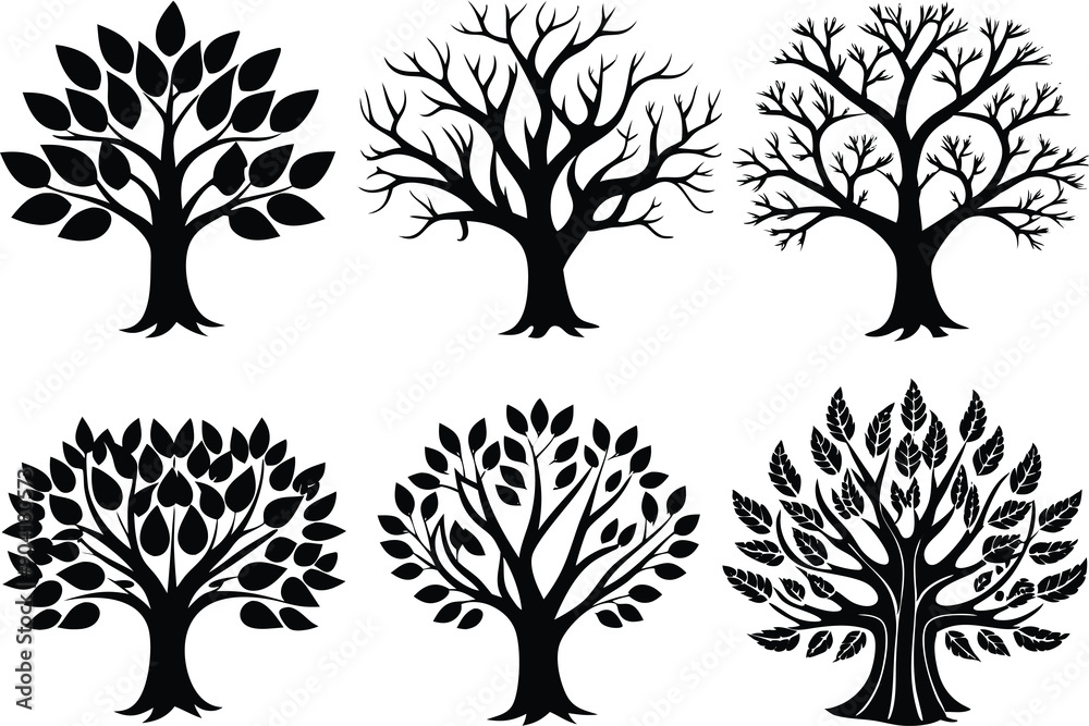 Obraz premium Six Black Silhouettes of Different Tree Types