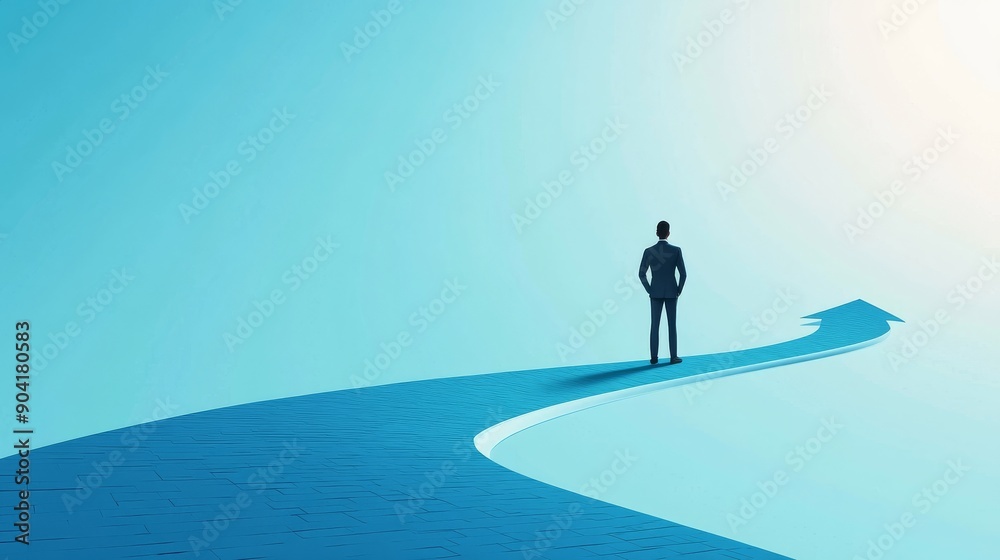 Man standing on curved arrow pointing up, blue background, minimalistic illustration style Man standing on curved arrow pointing up, blue background, minimalistic illustration style