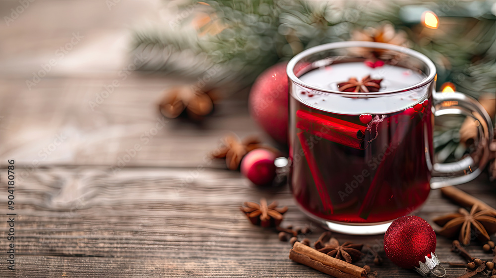 A cozy holiday scene featuring a glass of spiced red drink, adorned with cinnamon and decorative ornaments on a wooden table. A cozy holiday scene featuring a glass of spiced red drink, adorned with cinnamon and decorative ornaments on a wooden table.