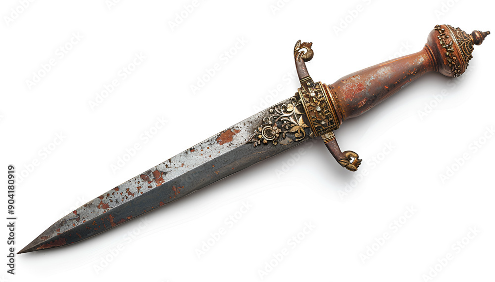 Rusty Antique Dagger with Ornate Handle Isolated on white background Rusty Antique Dagger with Ornate Handle Isolated on white background