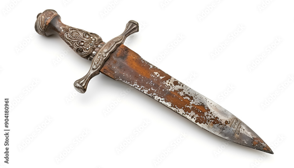 Rusty Antique Dagger with Ornate Handle Isolated on white background Rusty Antique Dagger with Ornate Handle Isolated on white background