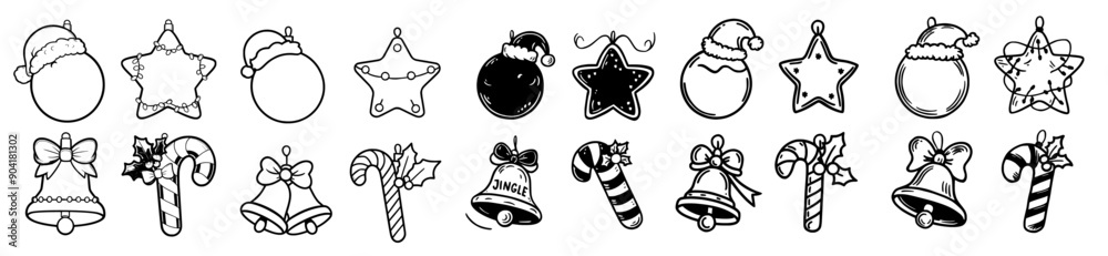 Christmas ornaments with bold lines, stars, jingle bell, candy cane vector, Generative AI Christmas ornaments with bold lines, stars, jingle bell, candy cane vector, Generative AI