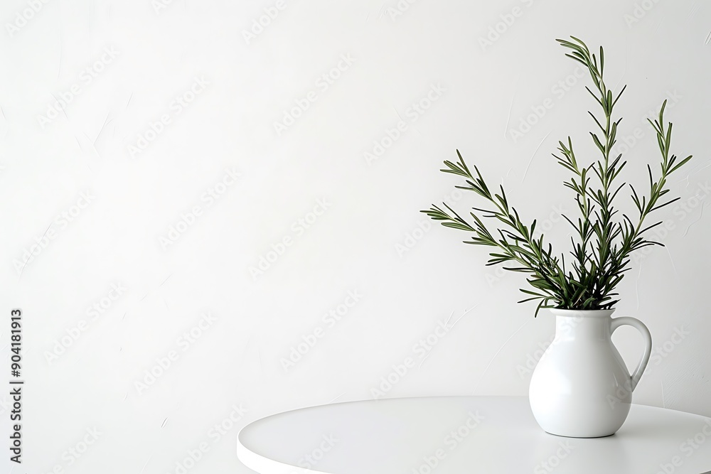 White round table with a white vase, rosemary in flowerpot, minimalism, white wall, real photo. White round table with a white vase, rosemary in flowerpot, minimalism, white wall, real photo.