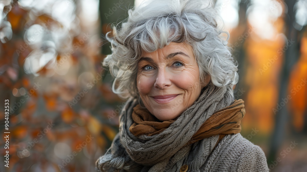 a woman with a scarf around her neck smiling at the camera in a forest with trees and leaves in the background.. a woman with a scarf around her neck smiling at the camera in a forest with trees and leaves in the background..