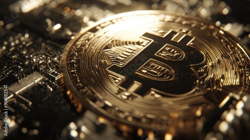 Close up view of Bitcoin gold coin, a type of digital crypto currency. Ai generated image