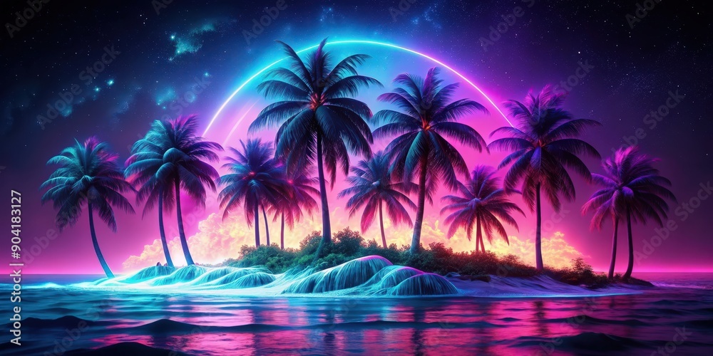 Vibrant neon island illuminated at night with palm trees and waves crashing on shore, neon, island, vibrant, illuminated Vibrant neon island illuminated at night with palm trees and waves crashing on shore, neon, island, vibrant, illuminated