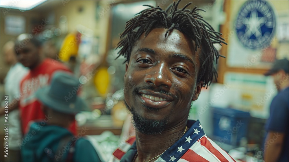A portrait of man at a polling station with an American flag. Women in a patriotic dress of US. US presidential election. US voting concept A portrait of man at a polling station with an American flag. Women in a patriotic dress of US. US presidential election. US voting concept