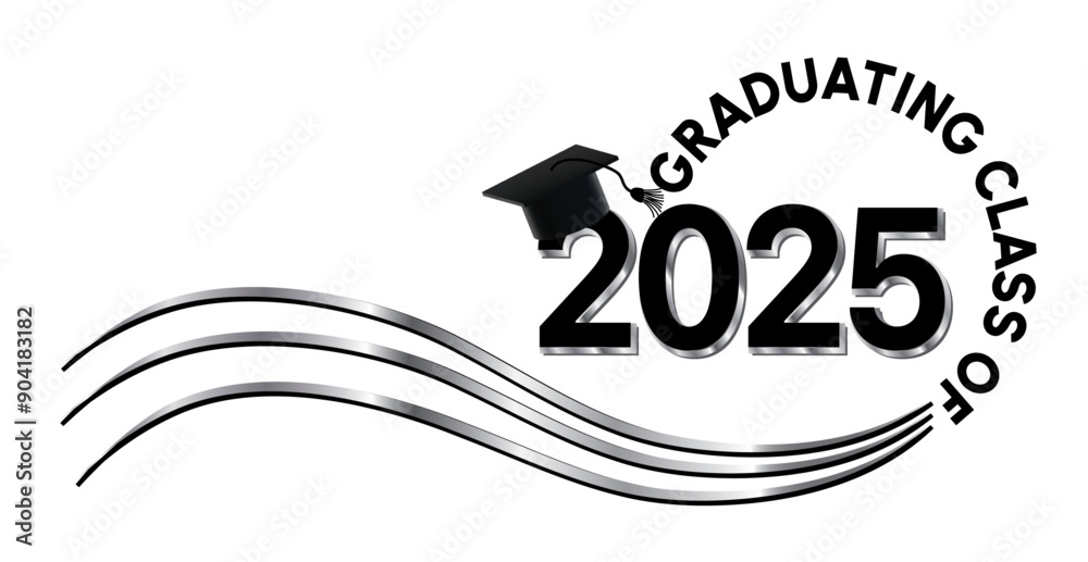 White background - Graduating Class of 2025 in black and silver text in circle. 2025 is in black and silver text. Graduation cap on top of the year. Wavy black and silver lines accent. White background - Graduating Class of 2025 in black and silver text in circle. 2025 is in black and silver text. Graduation cap on top of the year. Wavy black and silver lines accent.