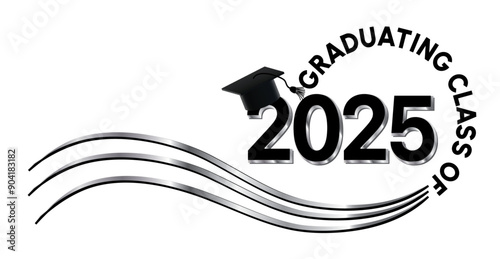 White background - Graduating Class of 2025 in black and silver text in circle. 2025 is in black and silver text. Graduation cap on top of the year. Wavy black and silver lines accent.